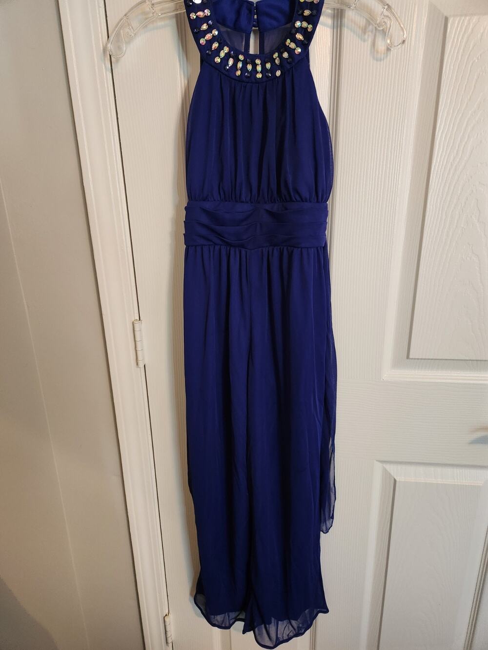 Poppies And Roses Womens Sleeveles Pantsuirt Blue Neckline Beaded Sz 12